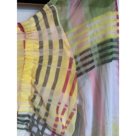 Women's BCBGeneration Yellow Pink plaid mesh crop long sleeve top LARGE - Picture 5 of 6